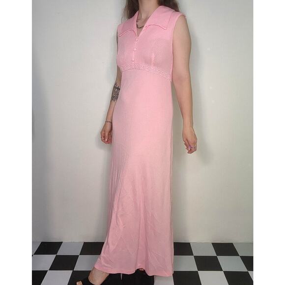 60s 70s Vtg Boho Mod Light Pink Long Maxi Empire Waist Wing Collared Dress Sz Md - Picture 6 of 8